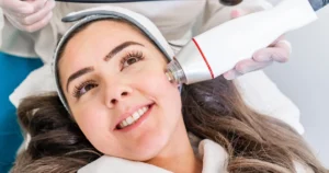 A woman receives an Radio Frequency Microneedling Treatment in Scottsdale, AZ, with a handheld device, operated by a gloved professional.